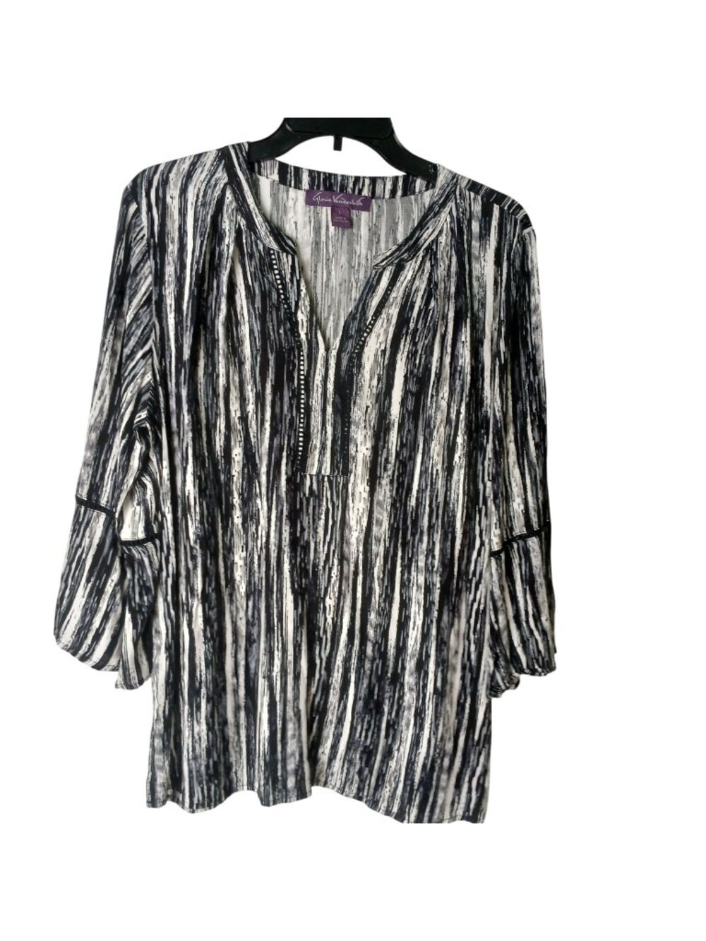 Gloria Vanderbilt Women's Large Nova Flutter Sleeve Blouse Black White #D-37